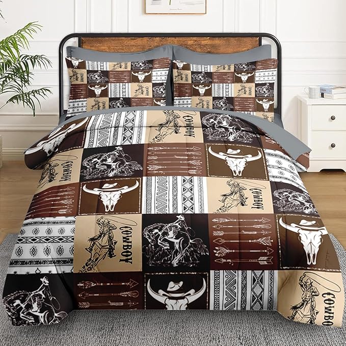 7 Pcs Full Size Comforter Set with 2 Pillowcases & 2 Shams, Cowboy Vintage Brown Bedding for Kids and Adults, Western Bed in a Bag with Flat Fitted Sheet