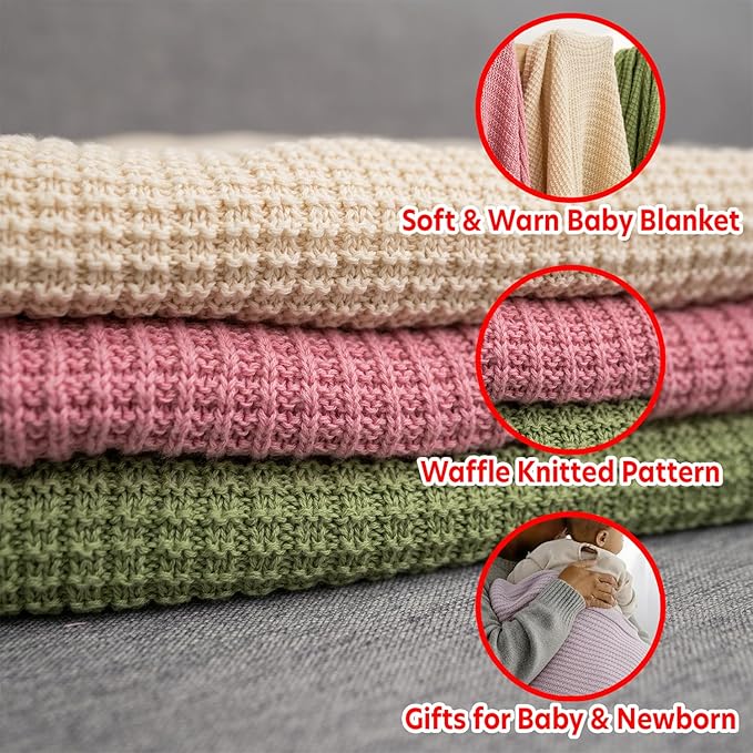 Baby Knit Blanket, 100% Cotton Waffle Patterns, Soft, Cozy, Lightweight Swaddle for Newborn & Infant Swaddling Beige Neutral, Perfect Baby Shower Ideas Lilac 30x30
