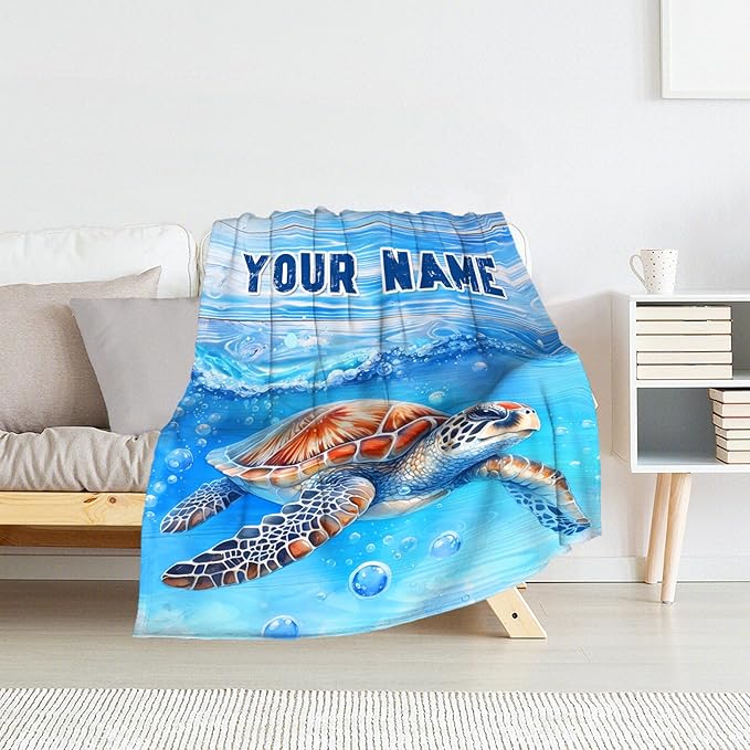 Personalized Blanket Gift for Girls - 50" x 60" Inches Turtle Plush Blanket Gifts for Kids - Blue Lightweight Cozy Throws for Couch, Bed & Travel