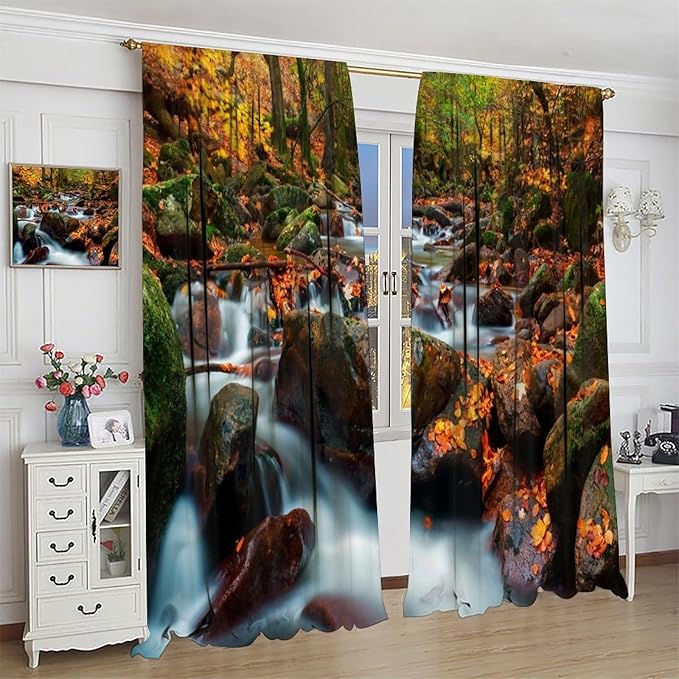 Autumn Waterfall Blackout Windows Curtains, Nature Autumn Forest Farmhouse Window Drapes, for Living Room Bedroom 52" W X 84" L