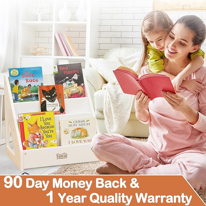 FUNLIO Montessori Bookshelf for Toddlers 1-5 Years, Front-Facing Kids Bookcase with Handle & Anti-Tilting Device, Premium Pine Baby Bookshelf, Children's Bookcase for Nursery/Classroom - White