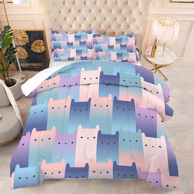 Cat Comforter Set Full: Kawaii Gradient Cats Print Bedding Set Full Size for Teen Girls Kids Room Decor Blue Pink Cute Kittens Quilt Bed Sets 1 Comforter & 2 Pillowcases
