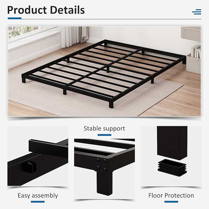 5 Inch Low King Bed Frame Heavy Duty Metal Platform, No Box Spring Needed, Easy Assembly Mattress Foundation, No Noise, Black