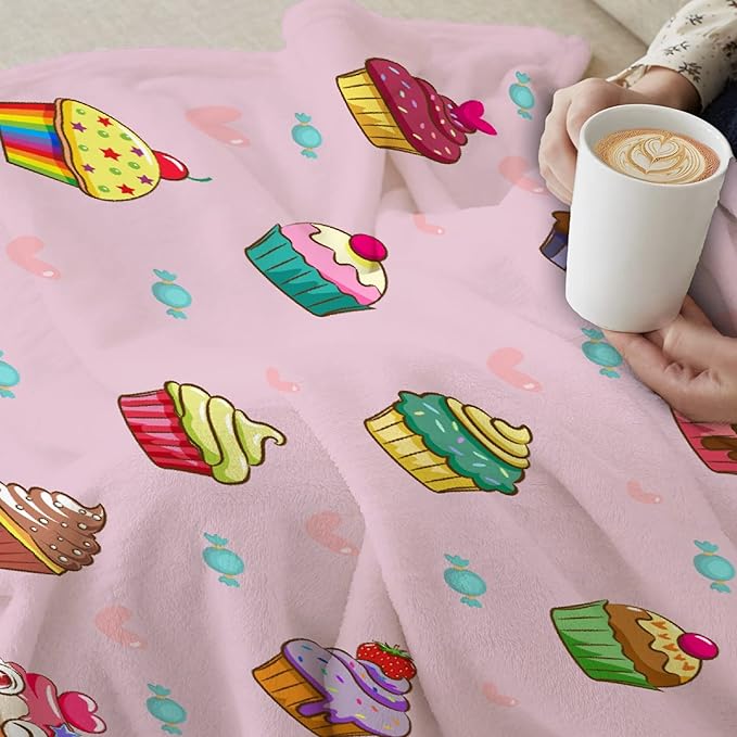 Thuswarm Cupcake Candy Pink Flannel Throw Blanket Warm Cozy Soft Funny Print Blankets for Bed Couch Sofa Room Decoration Gifts 60”×50” Medium for Teen
