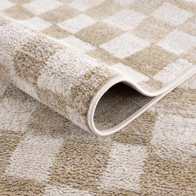 Hauteloom Pertek Modern Checkered Area Rug - Modern Geometric Carpet for Living Room, Kids Room, Nursery - Bohemian Boho Carpet - Cream, Beige, Gold - 6'7" x 9'