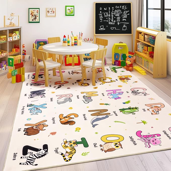 Kids Rugs for Playroom, 3x4 Feet Educational Rug for Learn The ABC Alphabet, Soft Machine Washable Non-Slip Cute Cartoon Animals Carpet for Classroom Toddler Nursery Kids Room Decor, Beige