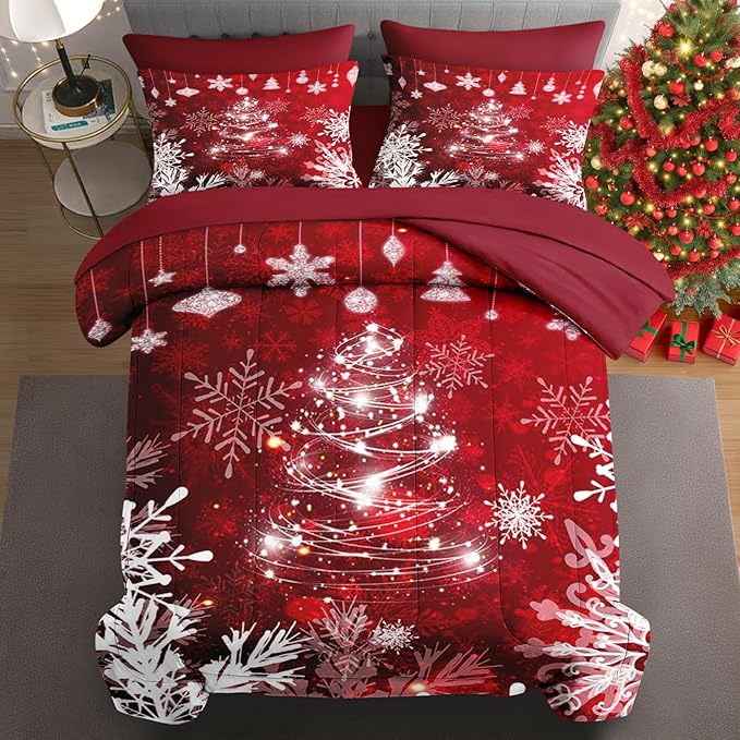 7 Pcs King Size Christmas Comforter Set with 2 Pillowcases & 2 Shams, Red Glitter Xmas Tree Bedding for Kids and Adults, White Elegant Snowflake Bed in a Bag with Flat Fitted Sheet