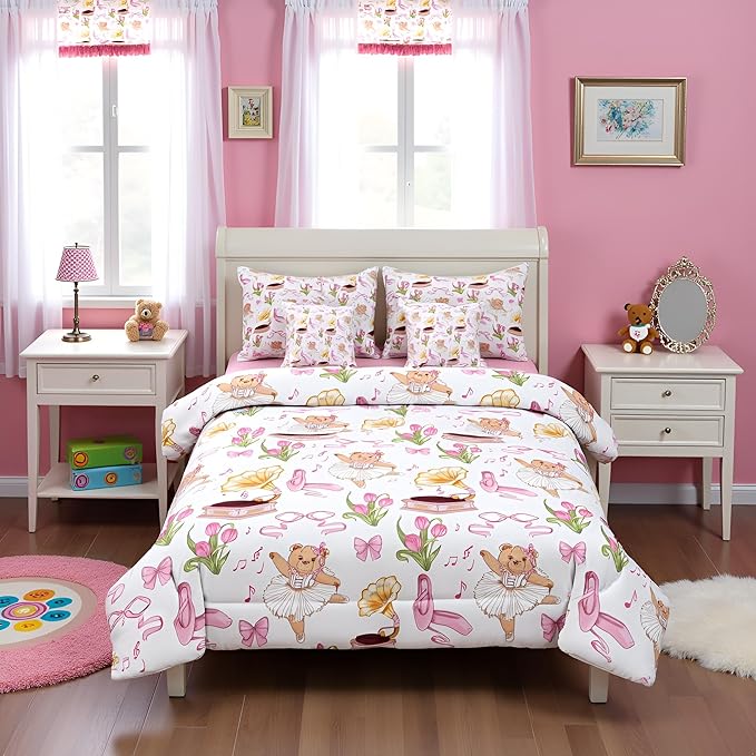 Pink Bowknot Princess Comforter Full Size,Ballet Shoes Bear Dancer Cartoon 7 Pcs Bedding Set,Tulip Flower Music Note Record Decor,Bow Tie Romantic （Fitted+Sheet+2 Pillowcases+2 Throw Pillow Covers）