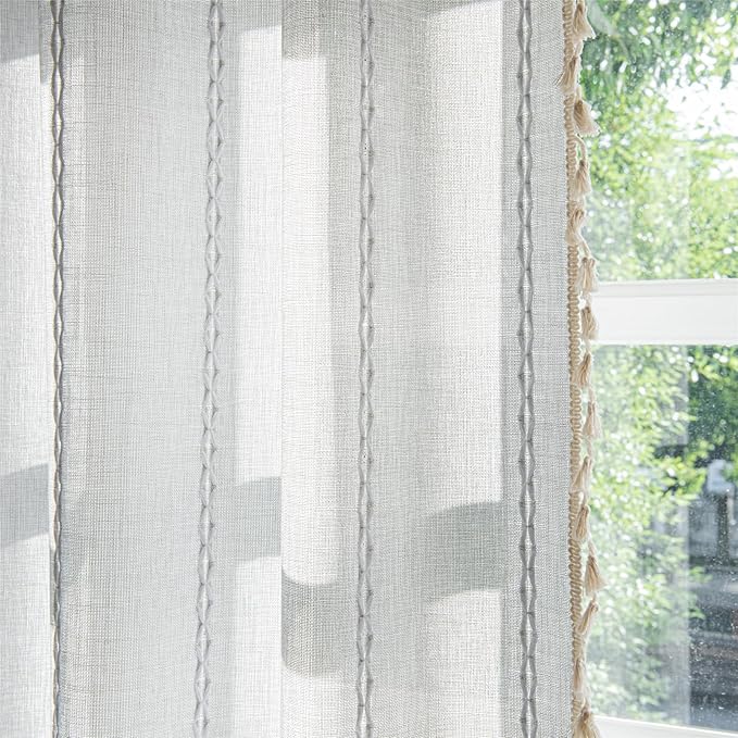 Deeprove Grey Boho Curtains 84 inches Length for Bedroom Living Room, Silver Gray Bohemian 84 inches Long Embroidery Farmhouse Light Filter Privacy Style Tassel Window Treatments, W52 x L84, 1 Panel