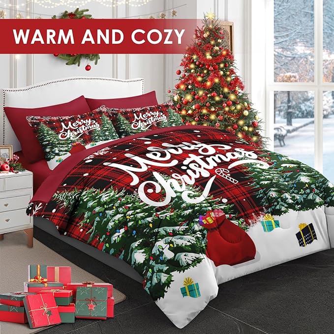 7 Pcs King Size Christmas Comforter Set with 2 Pillowcases & 2 Shams, Green Cartoon Trees Bedding for Kids and Adults, Black Red Plaid Bed in a Bag with Flat Fitted Sheet