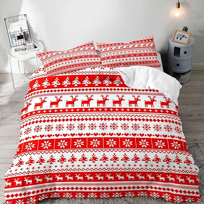 LUVIVIHOME 2PCS Christmas Duvet Cover Twin Bedding Set, White Red Duvet Cover, Reindeer Snowflake Poinsettia Christmas Tree Holiday New Year Xmas Striped Comforter Quilt, 1 Pillow Sham