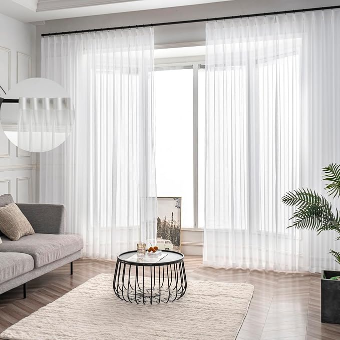 Off White Pinch Pleated Sheer Curtains 90 Inch 2 Panels Custom Long, Thin Textured Linen Look Living Room Drapes Window, Ivory Sliding Glass Door Curtain with Rings & Hooks & Back Tab