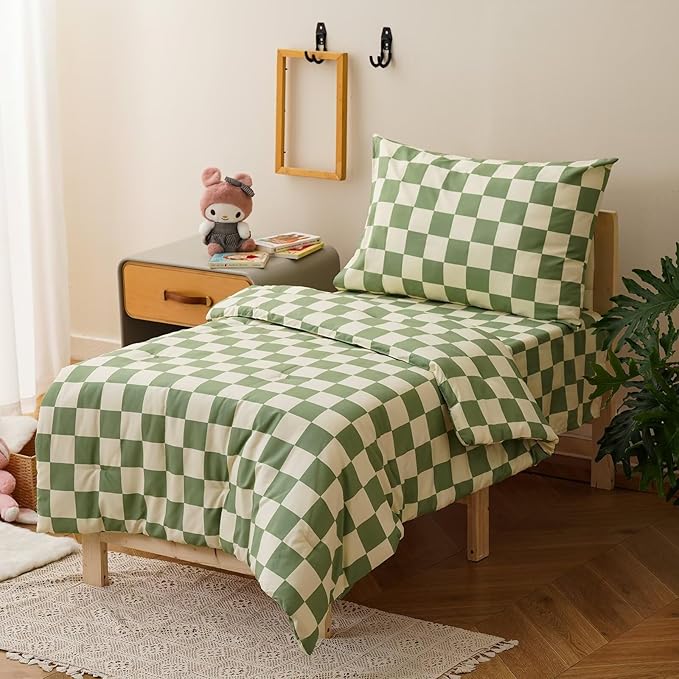 CLOTHKNOW Plaid Toddler Bedding Sets for Boys Grils, 4 Pieces Green White Grid Checkerboard Pattern, Soft Crib Bed Set Including Comforter, Flat Sheet, Fitted Sheet and Pillowcase, Green Beige
