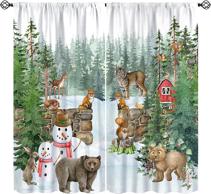 Woodland Animal Curtains, Watercolor Squirrel Hare Bear Bird Pattern Blackout Window Treatments, Rod Pocket Thermal Insulated Drapes 2 Panel Sets for Kids Bedroom Nursery Classroom, 55" W X 63" L