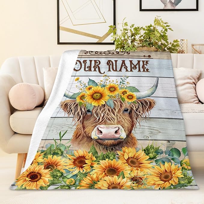 Custom Highland Cow Blanket Gifts with Name - 50x40 Inches Cute Throw Blanket for Women Girls - Yellow Soft Fuzzy Vintage Sunflower Blankets for Crib Couch Sofa Travel