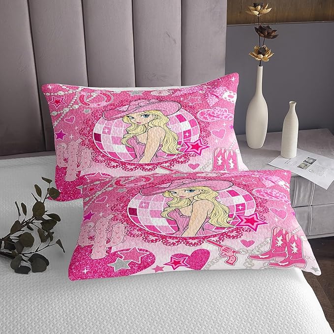 Western Cowgirl Princess Bedspread King Size,Cactus Cowgirl Boot Cap Bowknot Coverlet Set,Girls Women Room Decor,Star Love Heart Glitter Romantic Quilted Coverlet,Pink Bedding Quilt,2 Pillowcases