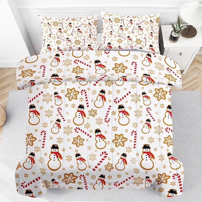 Raphus cucullatus Christmas Bedding Full,Snowman Christmas Comforter Set,Holiday Bedding Winter Quilt,Snowflake Navidad Comforter Set Full,Cute Candy Cane Quilt