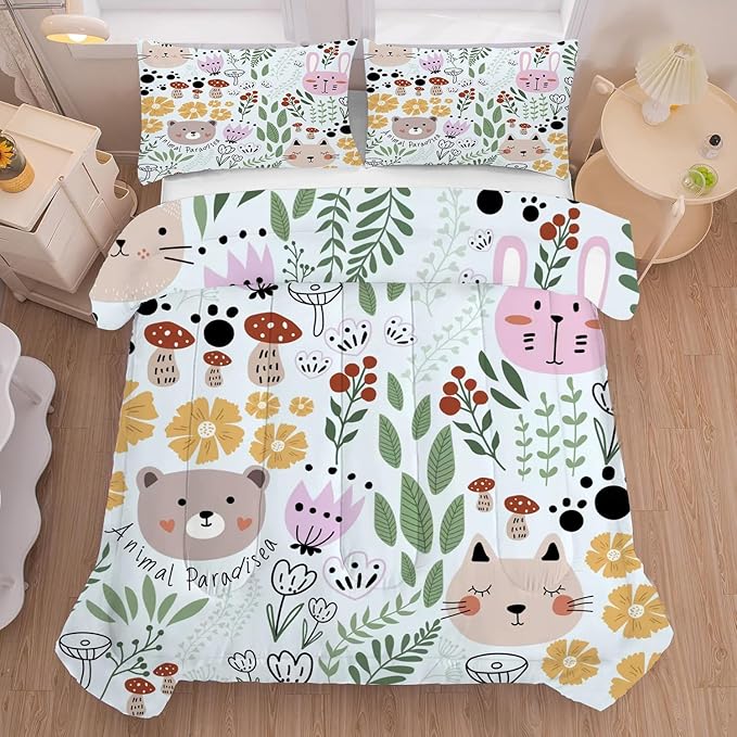 Floral Cat Bedding Full Size Cartoon Cats Comforter Set for Girls Boys Kids Teen Children Green Animals Print Bedroom Dorm Quilt 1 Comforter + 2 Pillow Cases