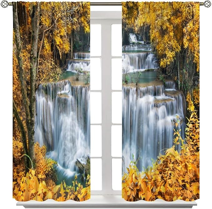 Waterfall Blackout Curtain, Autumn Season Trees Leaves Natural Landscape Window Drapes, for Bedroom Living Room 42" W X 54" L