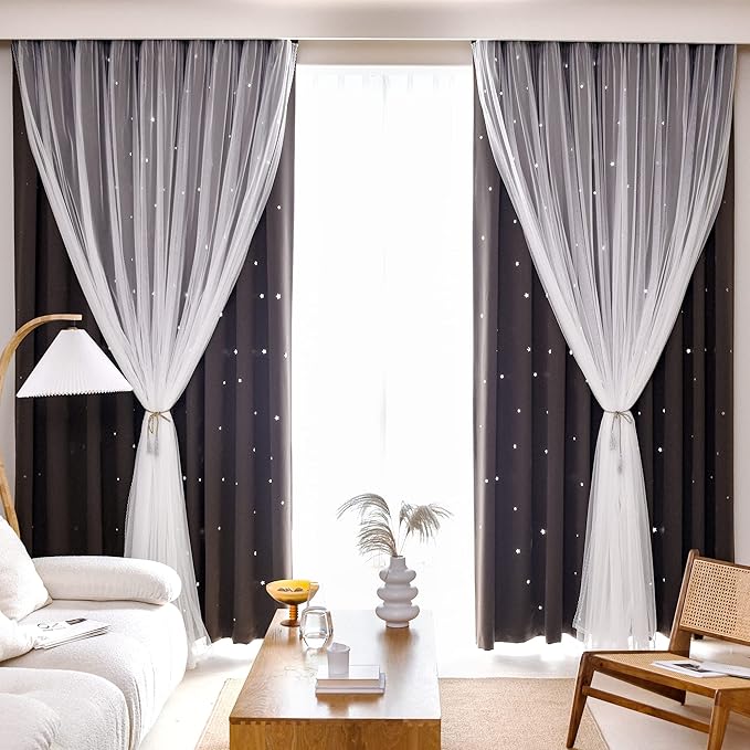 Kinryb Kids Blackout Curtains for Bedroom/Living Room/Classroom, Sheer Overlay Small 2 Panel Set, Double Layer Curtains with Star Cutout for Kids Room(W 52 x L 45 Inches,Chocolate 2 Pcs)