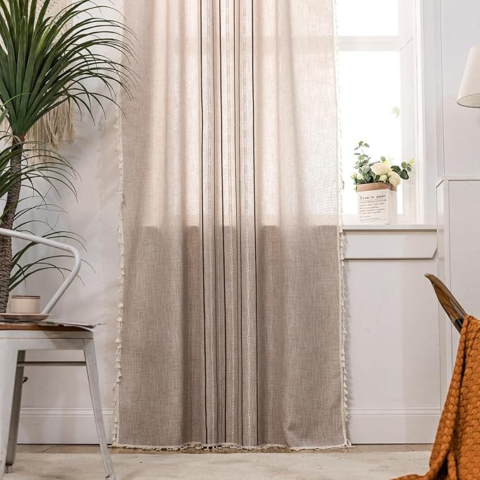 Deeprove Boho Style Curtains 84 inches Long, Vintage Bohemian Embroidery Striped Farmhouse Cotton Linen Fringe Window Treatments Bedroom Living Room Nursery, W52 x L84, 1 Panel Khaki and Brown