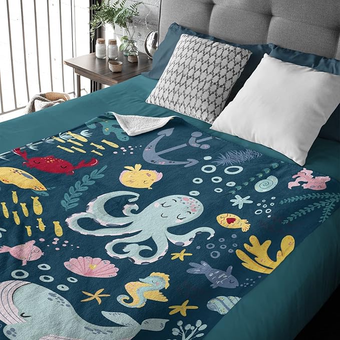 Thuswarm Cute Blue Sea Creatures Octopus Whale Flannel Blanket for Autumn Winter Gifts Warm Cozy Soft Funny Print Throw for Bed Couch Sofa 60”×50” Medium for Teen