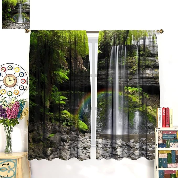 Natural Landscape Waterfall Blackout Curtains, Forest Falls Spring Natural Scenery Green Plant Tree Leaf Rod Pocket Window Drapes, for Bedroom Living Room 84" W X 84" L
