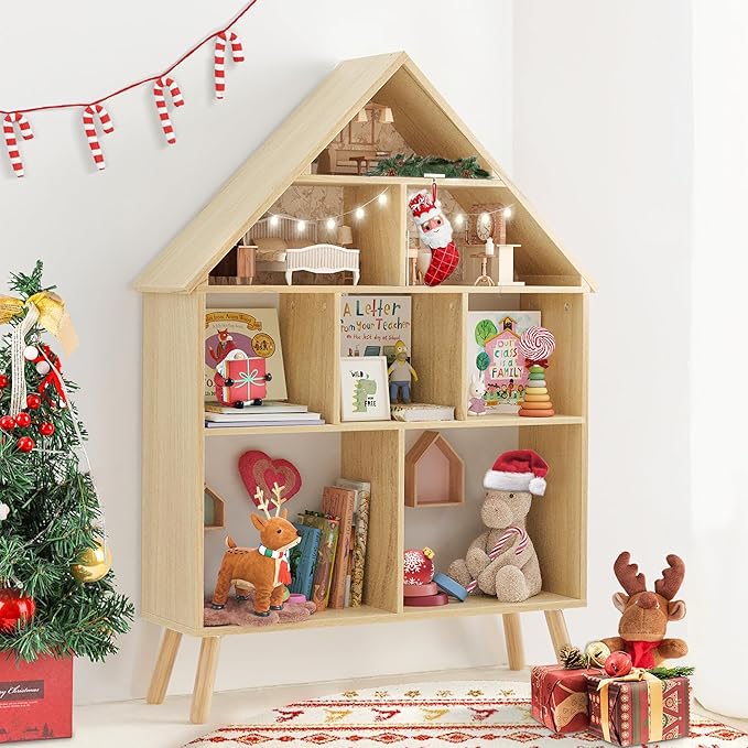 Curipeer Kids Dollhouse Bookshelf and Baby Storage - Wooden Stand Dollhouse Bookcase with 4-Tier Storage Display Organizer, Children Bookshelf for Playing Room, Nursery - Natural Wood Color