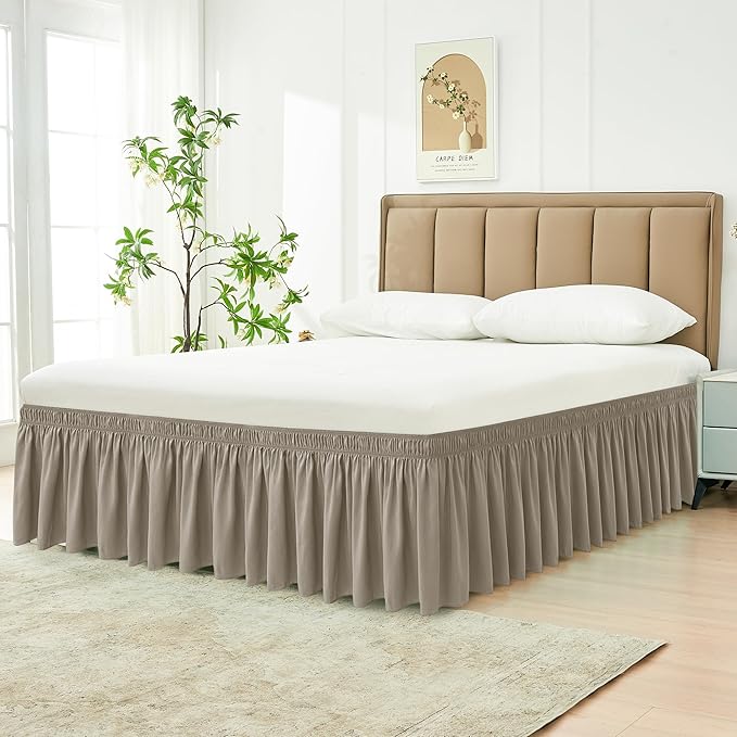 Biscaynebay Wrap Around Bed Skirts for Twin & Twin XL Beds Short Drop of 12", Taupe Adjustable Elastic Dust Ruffles Easy Fit Wrinkle Resistant Silky Luxurious Fabric Machine Washable