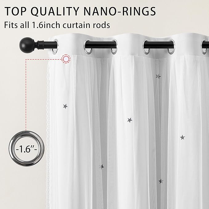 XiDi White Curtains for Girls Bedroom 54 Inches Long 2 Panels Blackout Double Layer Curtains with Sheer Overlay for Kids Princess Nursery Room Star Cut Out Home Decor Grommet Window Drapes W52 X L54