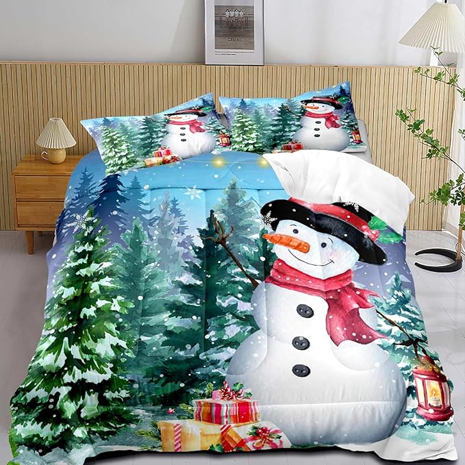LUVIVIHOME 2PCS Merry Christmas Comforter Set Twin Size, Cute Funny Snowman Bedding, Winter Snowflake Pine Tree Christmas Bedroom Decor for Kids Boys Girls Teens Toddler, Xmas Gifts, 1 Pillow Sham