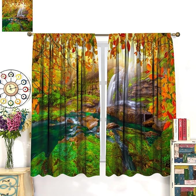Waterfall Blackout Curtains, Waterfall Landscape Autumn Nature Leaves Forest Window Drapes, for Bedroom Living Room 55" W X 63" L