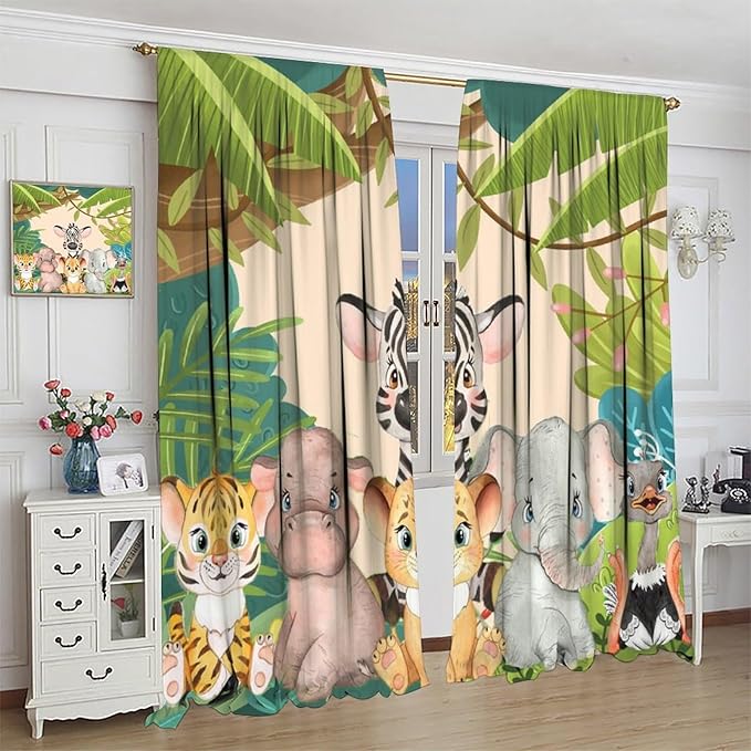 Animals Curtains Colorful Forest Cartoon Cute Zebra Tiger Elephant for Kids Boys Girls Nursery Bedroom Living Room Blackout Rod Pocket Decoration Window Drapes 2 Panels W36xL63in