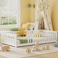 Twin Size Floor Bed for Kids, Wood Montessori Floor Beds with Fence Railings and Slats Support, Twin Playhouse Bed Frame for Boys Girls, No Box Spring Needed, White