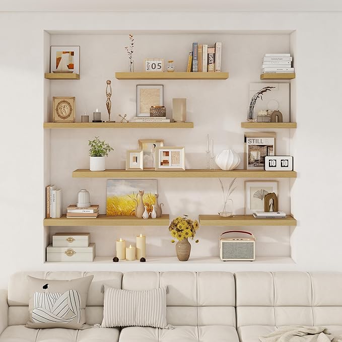 Fun Memories 12 Inch Deep Floating Shelves, 67 Inch Long Extra Large Floating Shelves Set of 2, Rustic Wood Wall Shelves for Living Room, Kitchen, Bedroom, Farmhouse, Laundry Room, Home Office - Oak