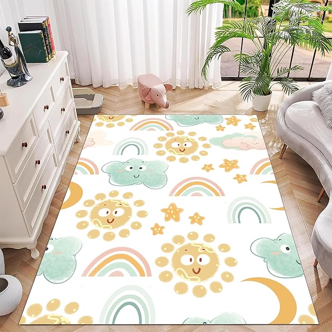 Cute Fluffy Kids Rug - Rainbow, Colorful Floor Mats, Soft Washable Non-Slip - Smiling Sun White Cloud Patterns - Kids Room, Nursery Decoration - 3x4ft