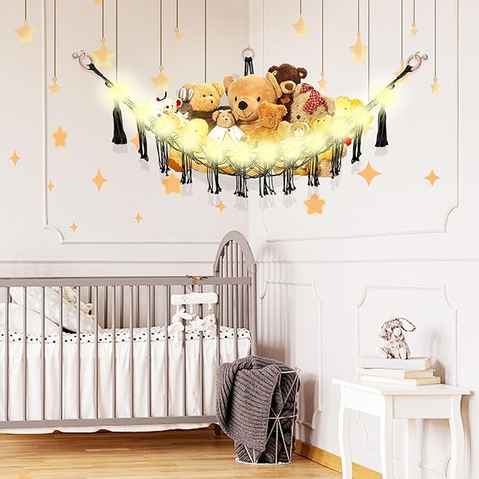 Stuffed Animal Hammock with LED Light, Large Stuffed Animals Storage Corner Plushie Net for Kids Room Decor, Black