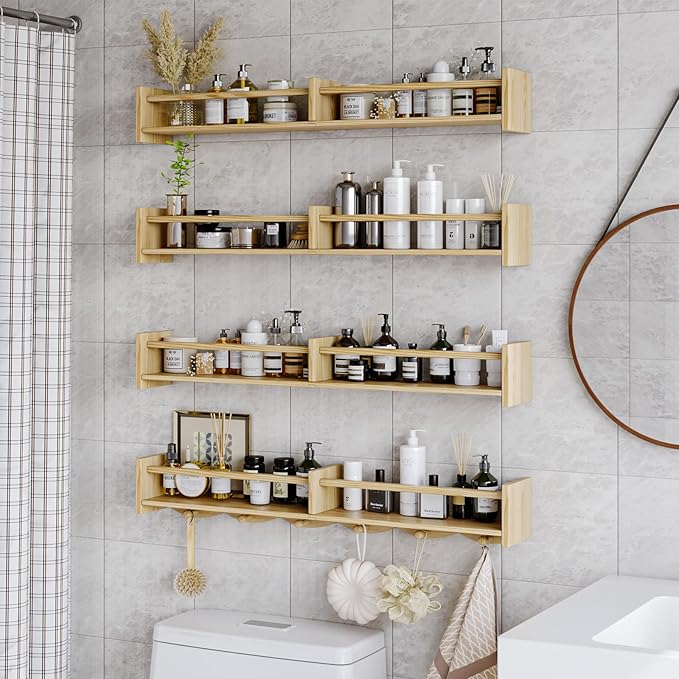 34Inch Nursery Book Shelves Wall Mounted, Floating Book Shelf for Kids Coat Rack with 6 Hooks, Wall Hanging Shelf for Baby Nursery Room Organizer ，Patent Number:US-D1058229-S(4, Burlywood)