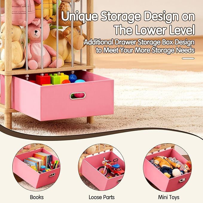 Brelley Stuffed Animal Storage Wood Toy Storage Organizer with Drawer, Large Toy Chest Stuffed animal holder for Kids Nursery Playroom Bedroom