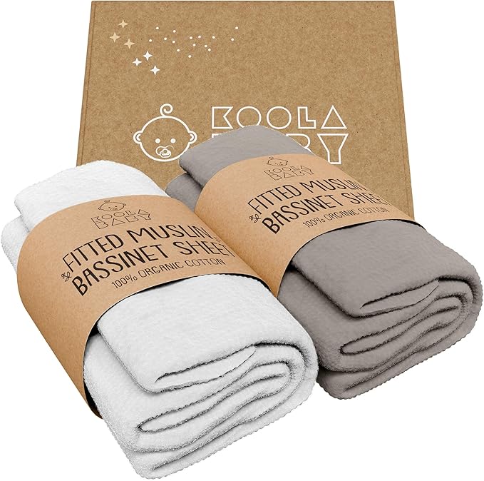 Bassinet Fitted Sheets - Compatible with 4moms MamaRoo Sleep Bassinet | 100% Organic Muslin Cotton - White + Grey | 30x18 (2 Pack)