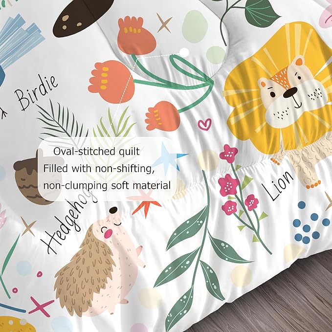 Kids Comforter Set Full: Cute Safari Woodland Bedding Set Cartoon Forest Animals Quilt for Boys Girls Teens Zoo Animal Fox Bear Lion Jungle 3 Piece Duvet Bed Sets