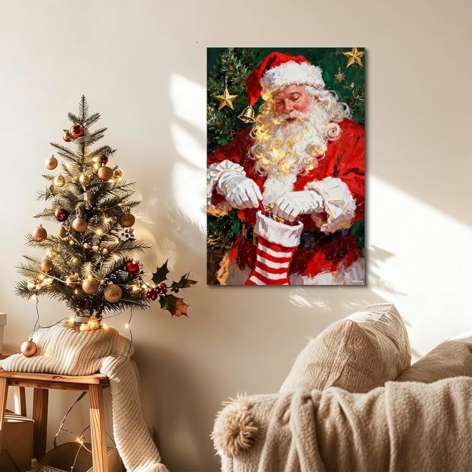 YONICA Christmas Canvas Wall Art Stocking Santa 24x36 Inch Oil Painting Filling Christmas Sock - Large Framed Gallery Wrapped Family Tradition