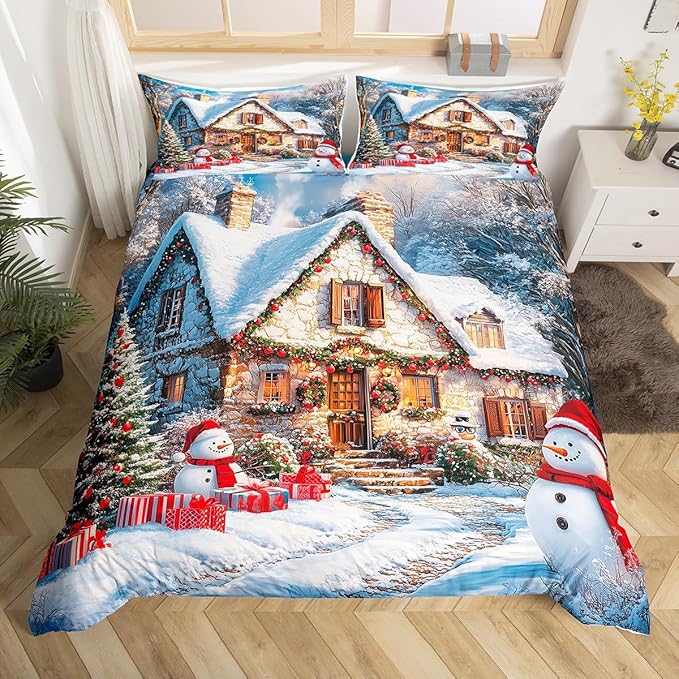 Manfei Christmas Duvet Cover Set Queen Size, Winter Snow Scenery Bedding Set for Kids Boys Girls Room Decor, Western New Year Comforter Cover, Soft Polyester Quilt Cover, 2 Pillowcases, No Comforter