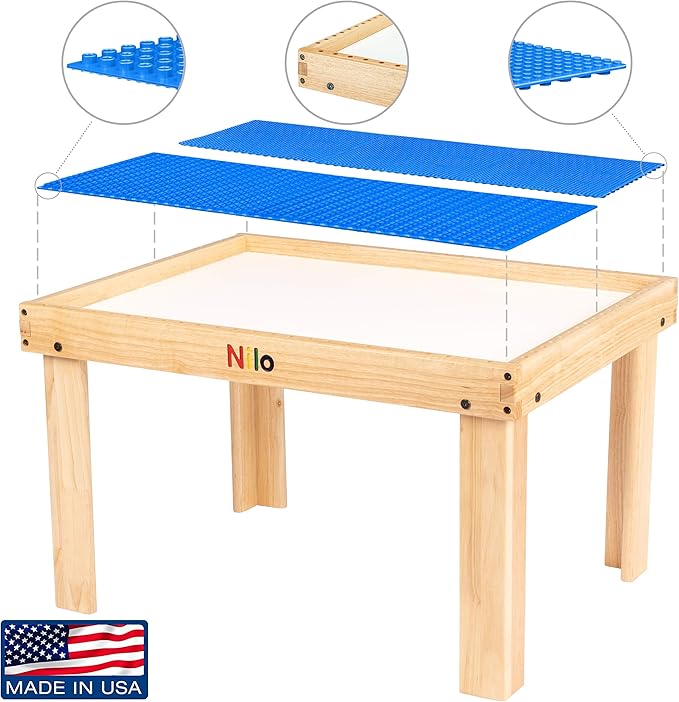 NILO Kids Activity Table Set with Two Double-Sided Baseplates/Boards/Mats (N34 Play Table with Holes, 24x32x20 and 2X Blue Base Plates 12x32)