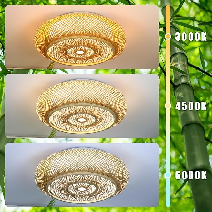 15.7 in Bamboo Woven Rattan-Style Ceiling Light, Boho Ceiling Light Fixture with Remote, LED Dimmable Ceiling Light, Boho Light Fixture for Bedroom Living Room Dining Room Light