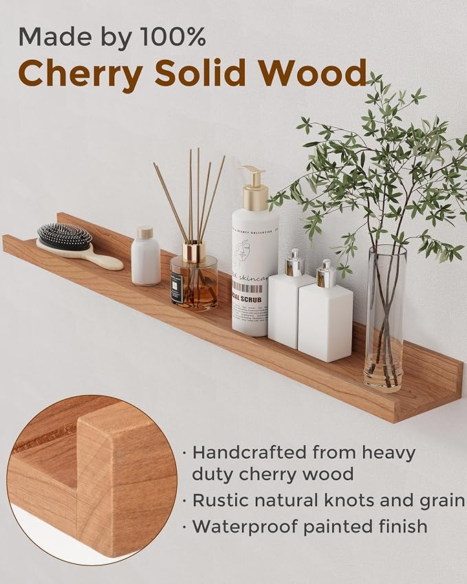 Axeman Cherry Picture Ledge Shelf, 48 Inch Floating Shelves Set of 2, Solid Wood Wall Shelves with Lip, Wall Decor Storage for Bedroom Living Room Bathroom Kitchen Nursery Photo, Natural Cherry
