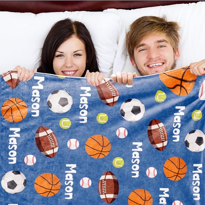 Custom Ball Blanket with Name for Boys, Personalized Name Blanket for Kids Ball, Soft Flannel Customized Gift for Birthday Christmas Baby Shower Children Day 40"x50"