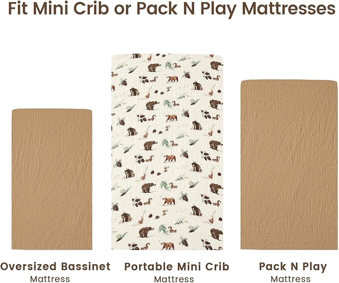 david's kids Muslin Mini Crib Sheets, 2 Pack Cotton Pack N Play Sheets for Boys, Soft Breathable Baby Sheets Fit Pack N Play, Playard and Mini Crib Mattresses, Woodland Animal
