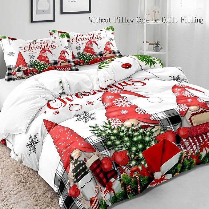 LUVIVIHOME 2PCS Christmas Gnome Duvet Cover Twin, Christmas Bedding, White Duvet Cover, Holiday New Year Xmas Santa Swedish Tomte Snowflake Red Black Buffalo Plaid Comforter Quilt Cover, 1 Pillow Sham