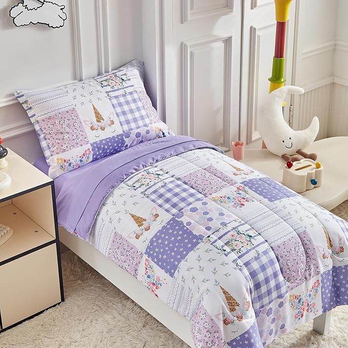Joyreap 4 Piece Toddler Bedding Set- Purple Butterflies Flowers Patchwork Toddler Comforter Set, Includes Quilted Comforter, Fitted Sheet, Top Sheet, and Pillow Case